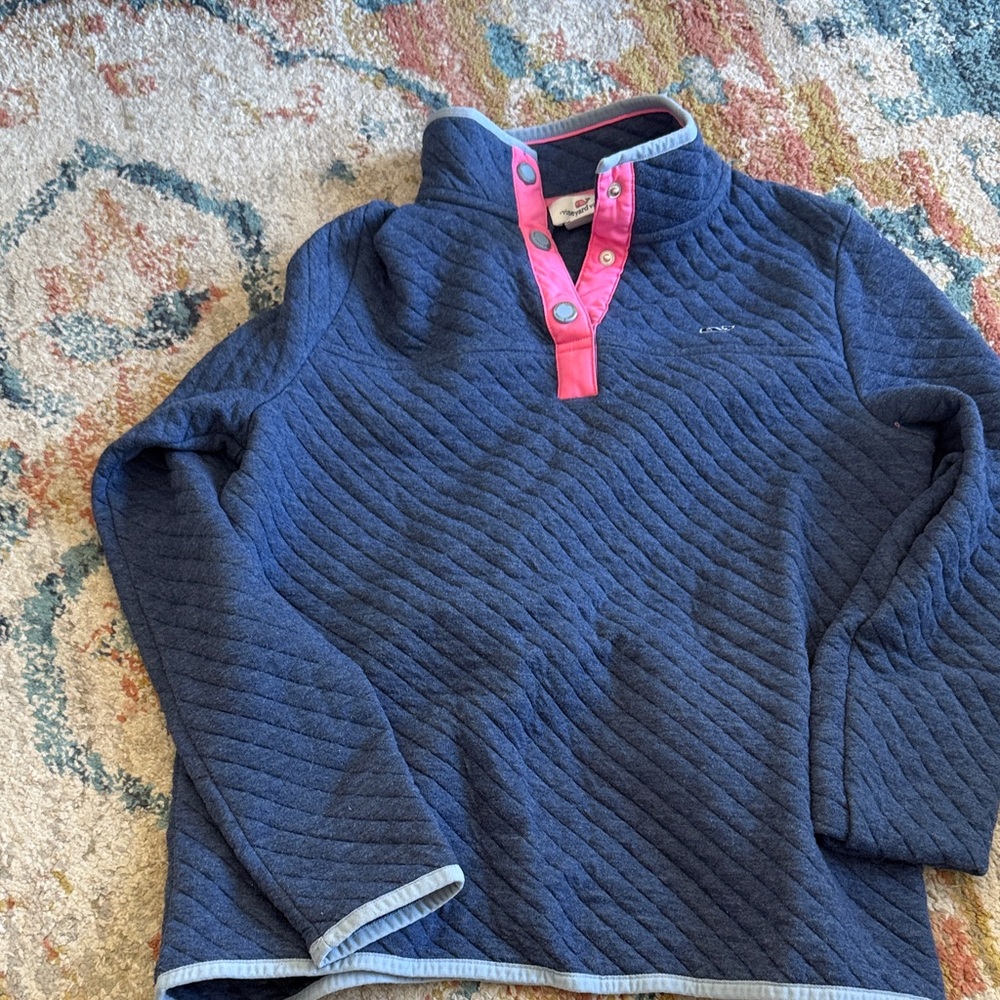 Vineyard Vines Quilted Navy Sweater with Pink and Blue Details